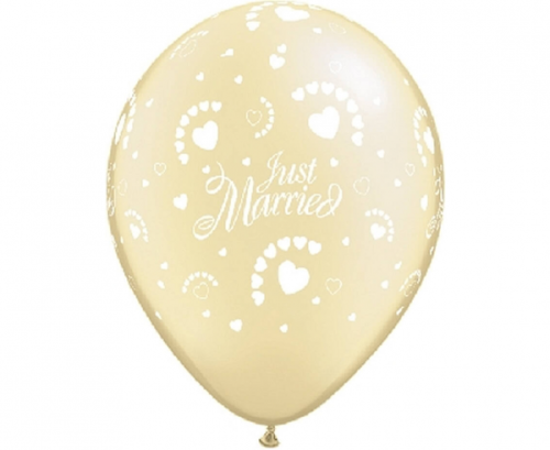 Balons QL 11 "ar virsdruku." Just Married with hearts ", metālisks ziloņkauls / 25 gab Balons QL 11 "ar virsdruku." Just Married with hearts ", metālisks ziloņkauls / 25 gab