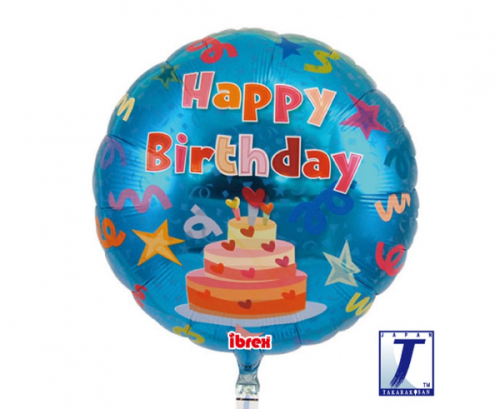 Ibrex hēlija balons, Round 14&quot;, Happy Birthday Cake, zils, iepakots