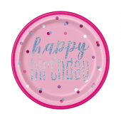 Paper plates Glitz Happy Birthday, 23 cm, pink, 8 pcs
