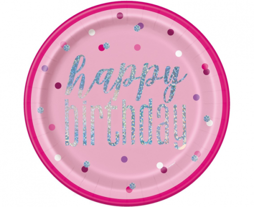 Paper plates Glitz Happy Birthday, 23 cm, pink, 8 pcs