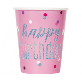 Paper cups Glitz Happy Birthday, 266 ml, pink, 8 pcs