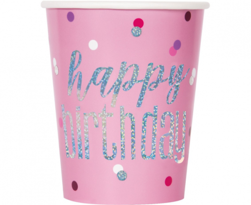 Paper cups Glitz Happy Birthday, 266 ml, pink, 8 pcs