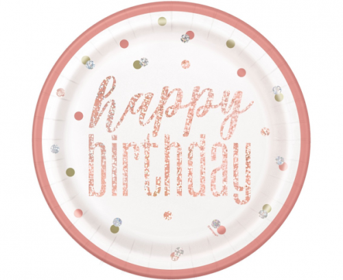 Paper plates Glitz Happy Birthday, 23 cm, rose gold, 8 pcs