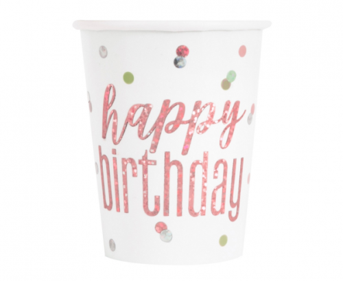 Paper cups Glitz Happy Birthday, 266 ml, rose gold, 8 pcs