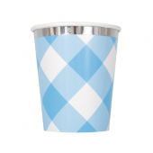 Paper cups Gingham 1st Birthday, blue, 8 pcs