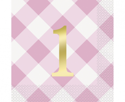 Paper napkins Gingham 1st Birthday, pink, 16 pcs
