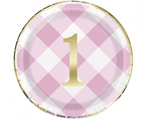 Paper plates Gingham 1st Birthday, pink, 23 cm, 8 pcs