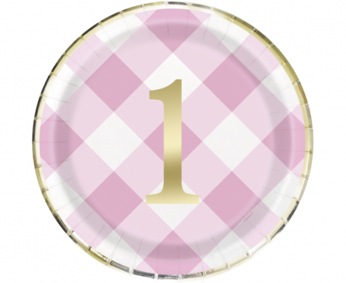 Paper plates Gingham 1st Birthday, pink, 23 cm, 8 pcs Paper plates Gingham 1st Birthday, pink, 23 cm, 8 pcs