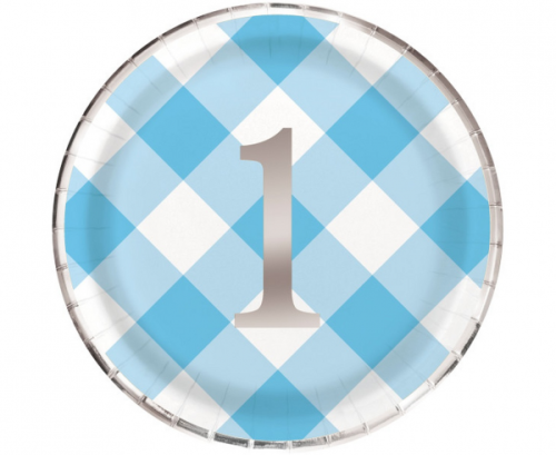Paper plates Gingham 1st Birthday, blue, 23 cm Paper plates Gingham 1st Birthday, blue, 23 cm