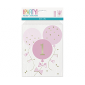 Paper treat bags Gingham 1st Birthday, pink, 8 pcs
