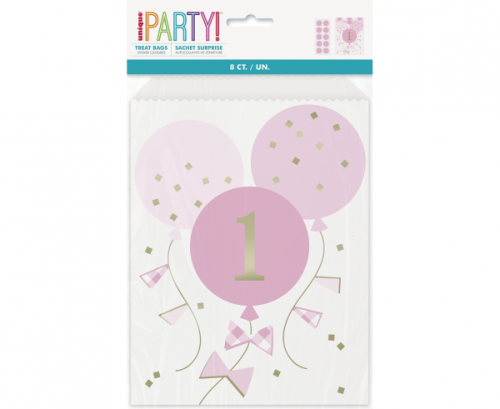 Paper treat bags Gingham 1st Birthday, pink, 8 pcs Paper treat bags Gingham 1st Birthday, pink, 8 pcs