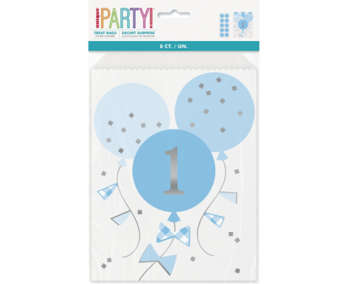 Paper treat bags Gingham 1st Birthday, blue, 8 pcs Paper treat bags Gingham 1st Birthday, blue, 8 pcs