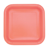 Paper plates, coral colour, square shape, 23 cm, 14 pcs