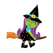 SuperShape Cute Witch on Broom Foil Balloon P35 Packaged 86cm x 96cm