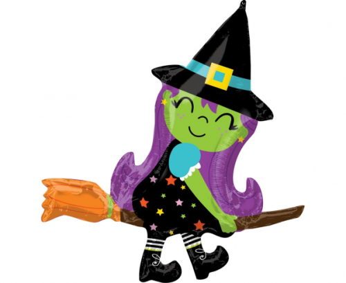 SuperShape Cute Witch on Broom Foil Balloon P35 Packaged 86cm x 96cm