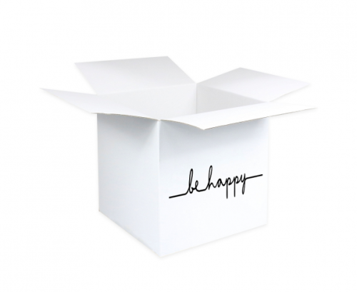 Flap box with Be Happy printing, size 50 x 50 x 50 cm
