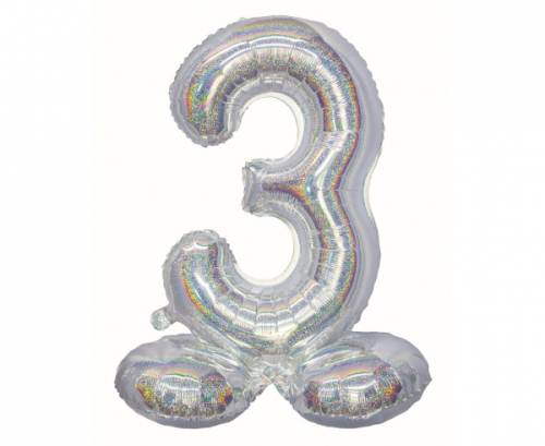 Folijas balons B&amp;C, stāvošs cipars 3, hologrāfisks sudrabs, 72 cm