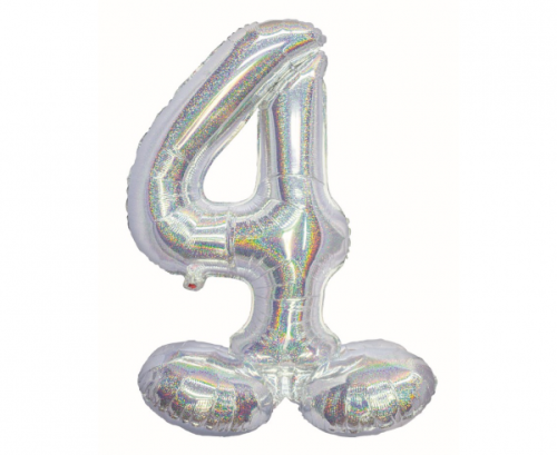 Folijas balons B&amp;C, stāvošs cipars 4, hologrāfisks sudrabs, 72 cm