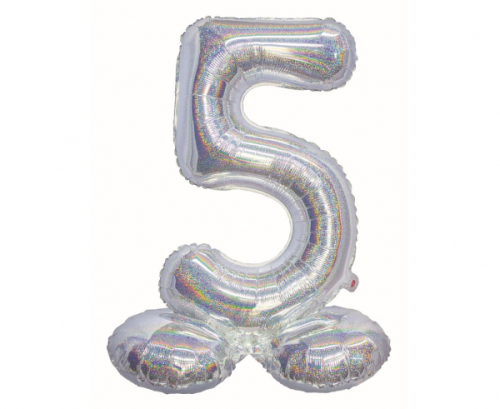 Folijas balons B&amp;C, stāvošs cipars 5, hologrāfisks sudrabs, 72 cm