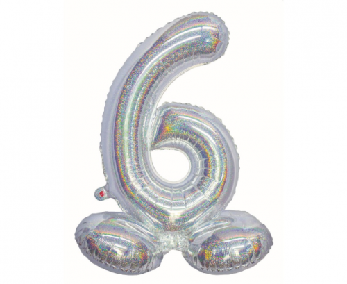 Folijas balons B&amp;C, stāvošs cipars 6, hologrāfisks sudrabs, 72 cm