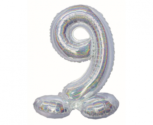 Folija balons B&amp;C, stāvošs cipars 9, hologrāfisks sudrabs, 72 cm