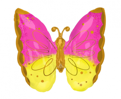 SuperShape Pink & Yellow Butterfly Foil Balloon P30 Packaged 63 cm x 63 cm