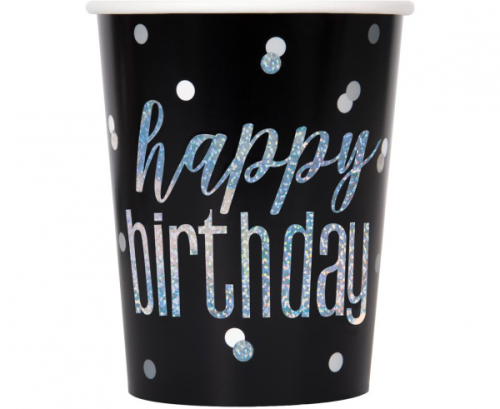 Paper cups Glitz Happy Birthday, 266ml, black, 8 pcs Paper cups Glitz Happy Birthday, 266ml, black, 8 pcs