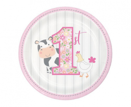Paper plates Farmhouse 1 st Birthday, pink,18 cm, 8 pcs
