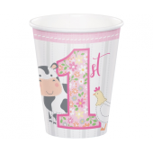 Paper cups Farmhouse 1 st birthday,pink, 266 ml, 8 pcs