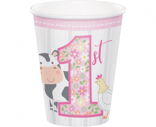 Paper cups Farmhouse 1 st birthday,pink, 266 ml, 8 pcs