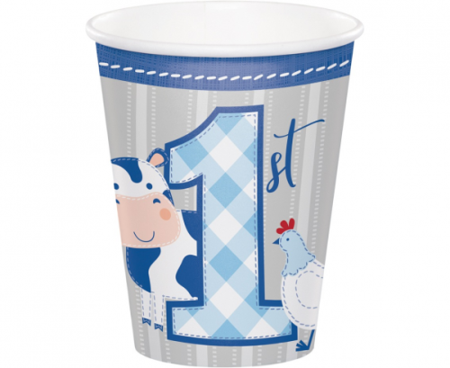 Paper cups Farmhouse 1 st birthday, blue, 266 ml, 8 pcs