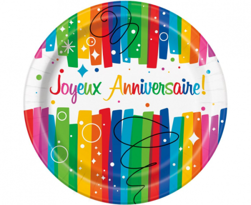 Paper plates Joyeux Anniversaire, 23 cm, 8 pcs.