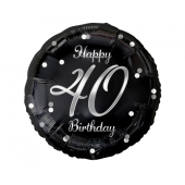 Folija balons Happy 40 Birthday, melns, sudraba apdruka, 18&quot;