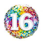 Foil balloon Number 16, QL RND, 16 Rainbow Confetti, 18