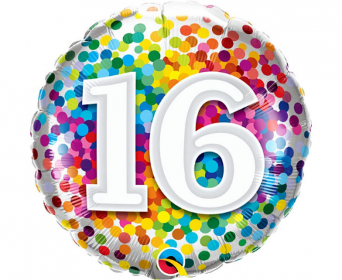 Foil balloon Number 16, QL RND, 16 Rainbow Confetti, 18