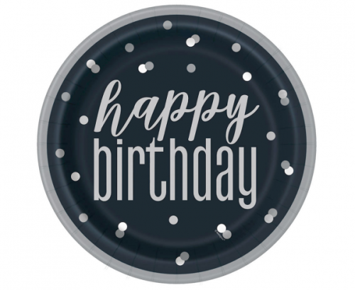 Papīra šķīvji Glitz Happy Birthday, melns / sudrabs (bez plastmasas) / 8 gab Papīra šķīvji Glitz Happy Birthday, melns / sudrabs (bez plastmasas) / 8 gab