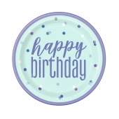 Paper plates Glitz Happy Birthday, 23 cm, blue / silver (plastic-free) / 8 pcs