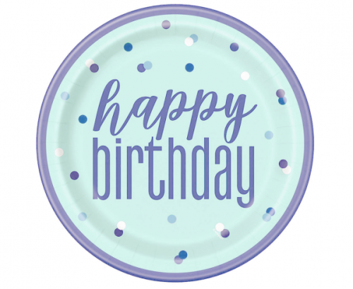 Paper plates Glitz Happy Birthday, 23 cm, blue / silver (plastic-free) / 8 pcs