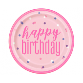Тарелки бумажные Glitz Happy Birthday, 23 см, розовые / серебряные (без пластика) / 8 шт.