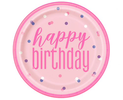 Papīra šķīvji Glitz Happy Birthday, 23 cm, rozā / sudraba (bez plastmasas) / 8 gab. Papīra šķīvji Glitz Happy Birthday, 23 cm, rozā / sudraba (bez plastmasas) / 8 gab.
