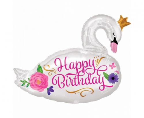 Foil balloon SuperShape HBD, Beautiful Swan, 73 x 55 cm, packed