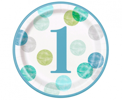Paper plates First Birthday, blue dots, 23 cm, 8 pcs (plastic-free)