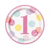 Paper plates First Birthday, pink dots, 23 cm, 8 pcs (plastic-free)