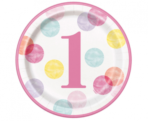Paper plates First Birthday, pink dots, 23 cm, 8 pcs (plastic-free)