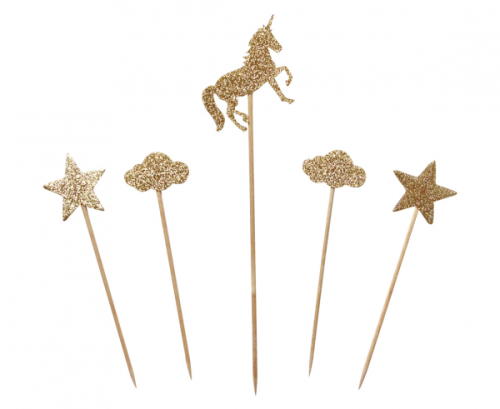 Unicorn decorative picks, gold glitter, 5 pcs