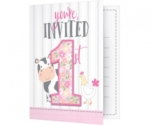 Invitations Farmhouse 1 st birthday, pink, 8 pcs