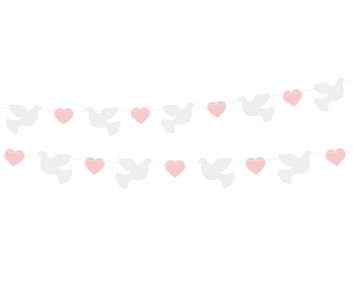 Paper garland Doves (10x8 cm), pink Hearts (5x4 cm), 150 cm
