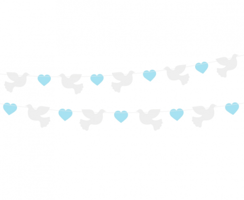 Paper garland Doves (10x8 cm), blue Hearts (5x4 cm), 150 cm