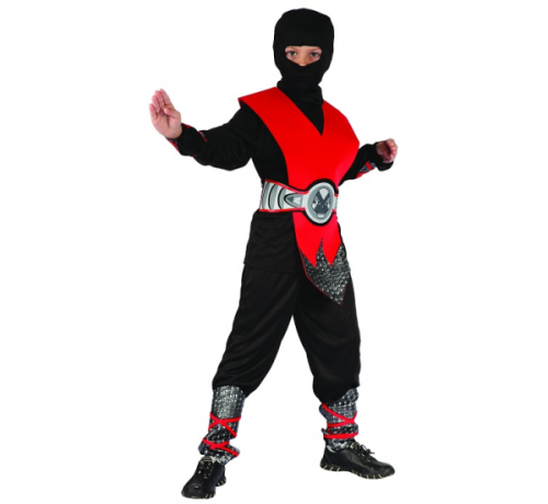 Red Ninja role-play set (hood, shirt, pants, armour, belt, arm guards, leg guards), size 120/130
