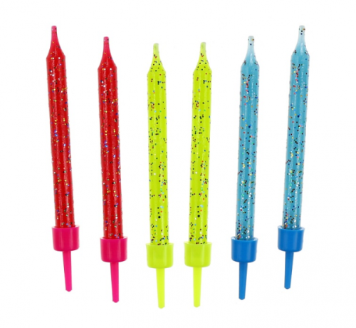Glitter birthday candles, 12/12, 3 colours, 6,3 cm